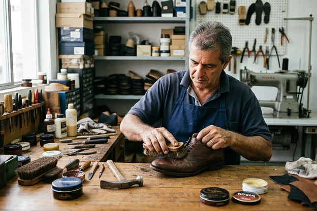 Profissional sapateiro cuidando de sapatos de couro em Brasília.